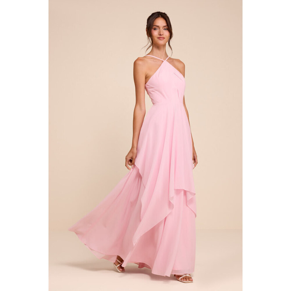 Lulus Aletta Light Pink Tiered Halter Maxi Dress - Size XS
